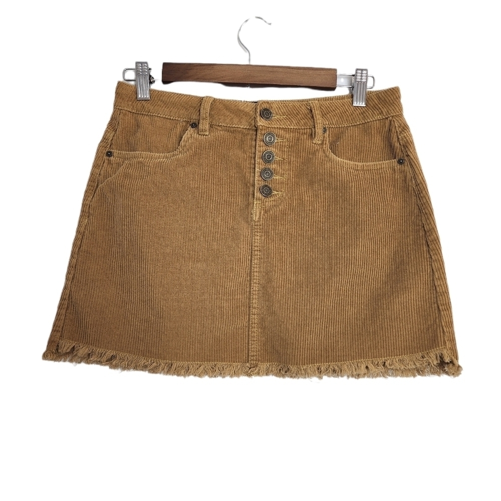 Indigo Rein Tan Corduroy Distressed Hem Five Button Pockets Women's Skirt Size 3
